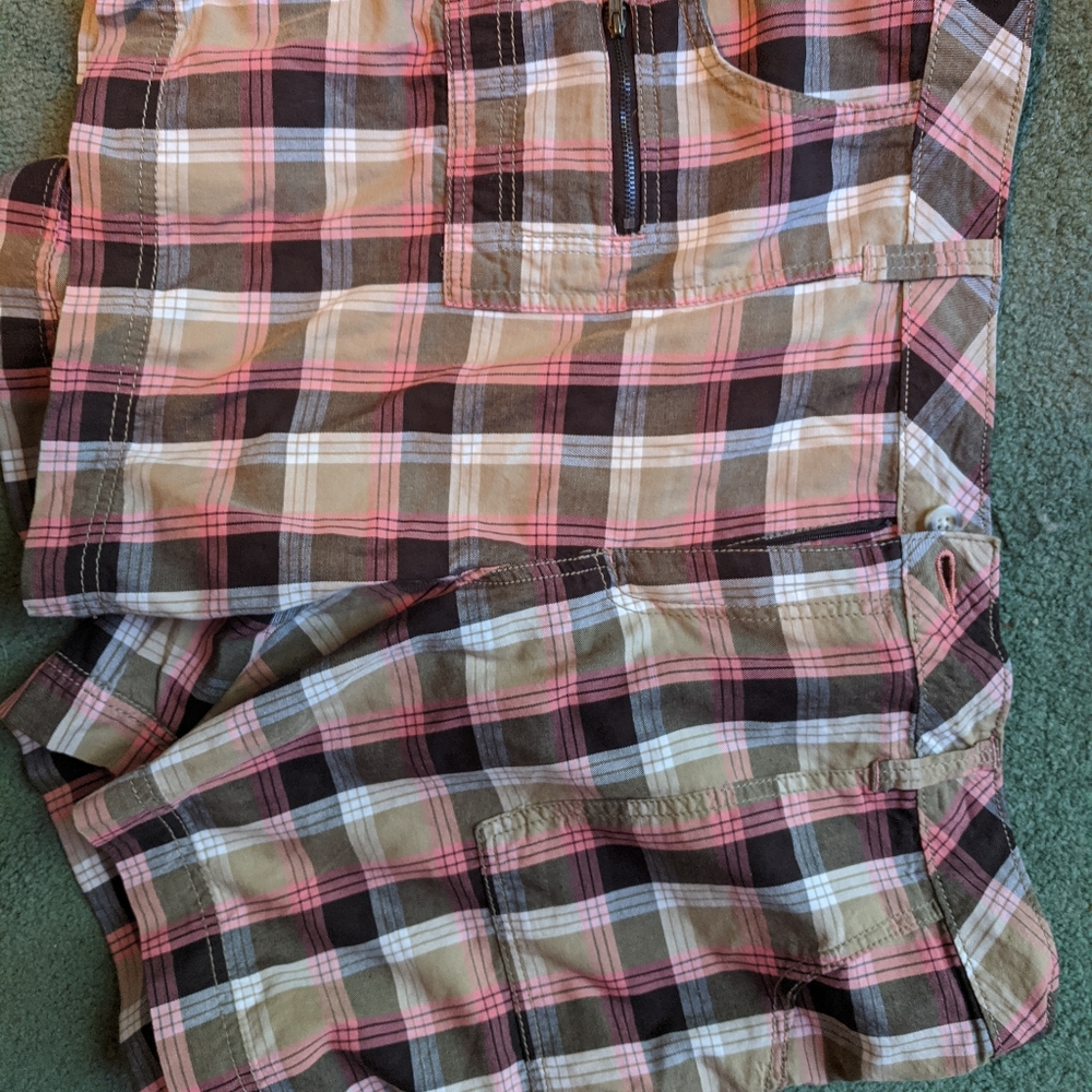 Coral and brown plaid shorts